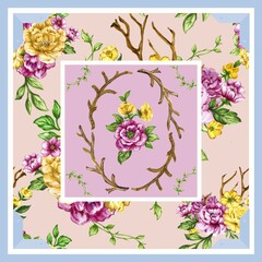 Rose Botanical flower pattern for scarf and textile print. Silk scarf design. watercolor square pattern