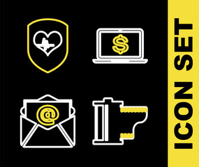 Set line Laptop with dollar, Camera film roll cartridge, Mail and e-mail and Shield heart rate icon. Vector