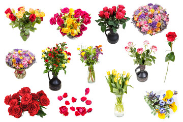 set of various bouquet of flowers isolated