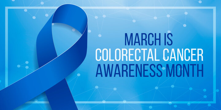 Colorectal Cancer Awareness Month concept. Banner template with blue ribbon and text. Vector illustration
