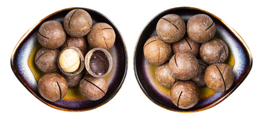 set of macadamia nuts in ceramic bowls isolated