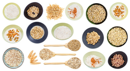 set of various cooked and raw oat grains isolated