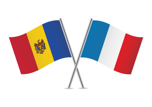 Moldova and France crossed flags. Moldovan and French flags isolated on white background. Vector icon set. Vector illustration.