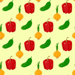 Seamless pattern with vegetables. Sweet pepper, onion, green cucumber, healthy food symbols. Bright positive background with vegetables to decorate the kitchen, textiles, print. Vector illustration.