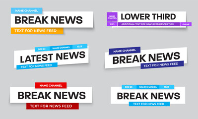 Vector lower third, illustration with bright rectangular title plates for title, info, news line for media, video, tv channels.