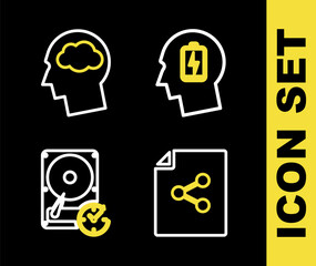 Set line Head with low battery, Share file, Hard disk drive clockwise and silhouette cloud icon. Vector