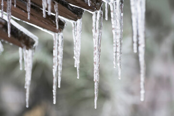 The icicles on roof at end of winter. Thaw, melting snow and ice on spring. Drops of water slowly fall of a roof. Blurred background and bokeh.