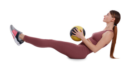 Fototapeta na wymiar Athletic woman doing exercise with medicine ball isolated on white