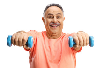 Fototapeta na wymiar Happy mature man in exercising with dumbbells