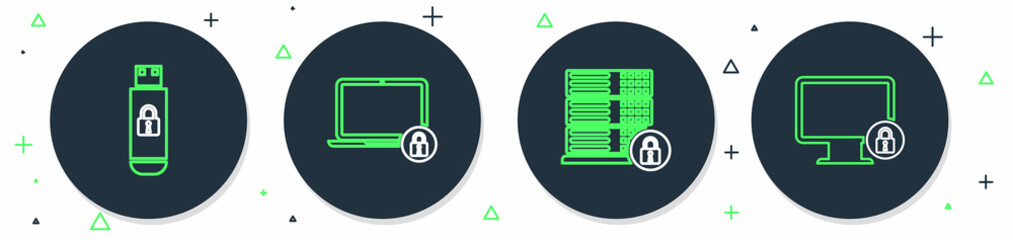 Set line Laptop and lock, Server security with, USB flash drive and Lock on monitor icon. Vector
