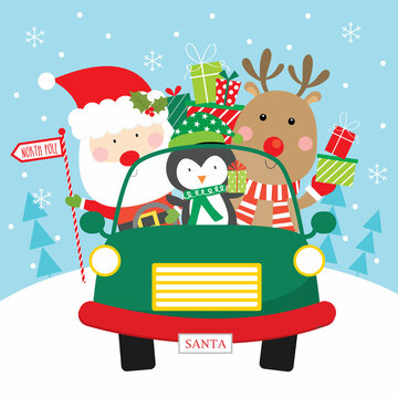 christmas greeting card with santa, penguin and reindeer in car design