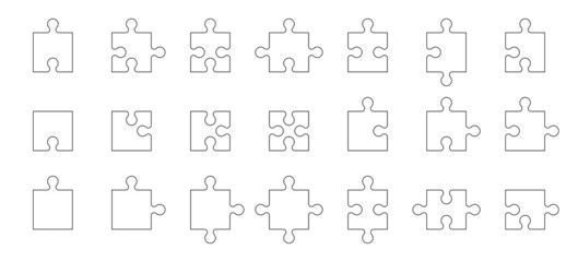 Jigsaw puzzle pieces set. Different shapes puzzle details with various connection points and angles. Vector illustration.