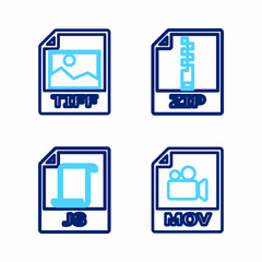 Set line MOV file document, JS, ZIP and TIFF icon. Vector