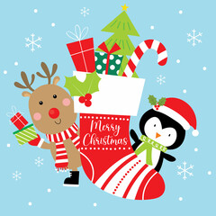 christmas greeting card with reindeer and penguin design