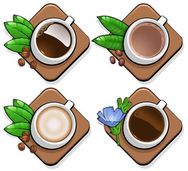 Isolated illustration of white cups with various hot drinks
