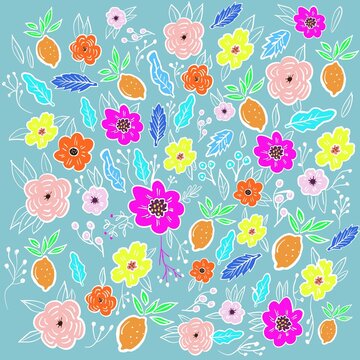 Pattern illustrazione con motivi floreali con aranci foglie e fiori