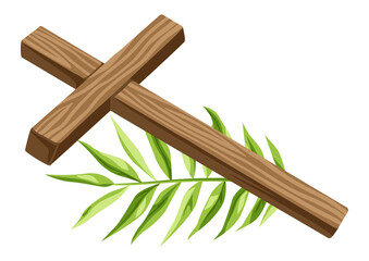 Christian illustration of wooden cross and palm branch. Happy Easter image.