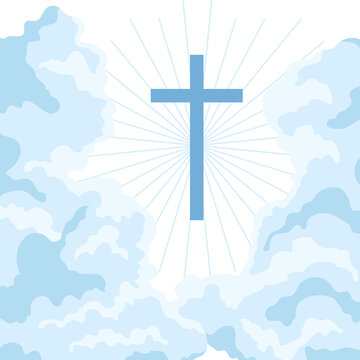 Christian illustration of sky with clouds and cross. Happy Easter image.
