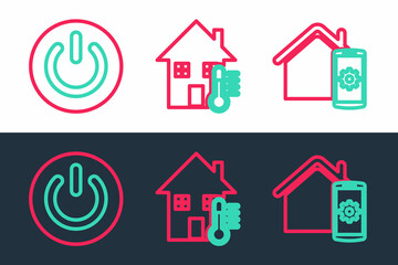 Set line Smart home remote control system, Power button and House temperature icon. Vector
