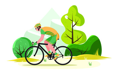 Man riding a bike in the mountains. Sports activity. Side view. Character in action.Vector illustration hand drawn flat style.