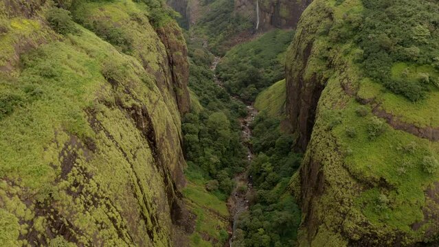 Stream At The Bottom Of Cliff In Tamhini Ghat - aerial shot