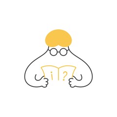 People with glasses reading the book seriously. A book with an i icon, and a question icon. Search for the information, education, learning, knowledge. Cartoon vector illustration line design.