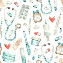 Watercolor pattern with medical items. Hand-drawn seamless texture with illustrations of stethoscope, pills, syringes, thermometer, test tubes