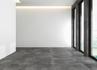 3D rendering of empty room interior without furniture. White walls and concrete flooring. Copy space. 3D Rendering