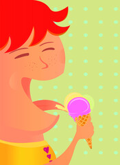 Cute modern happy smiling girl licking ice cream. little child with red hair in a yellow dress eating ice cream in a cone on a green dots background. licking ice cream cone. cartoon vector