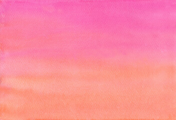 Watercolor abstract background with pink, orange and peach gradient with paint splash, stains and streaks, spot for web banners, invitations