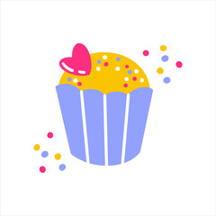 An icon of cute cupcake with heart on it. Hand drawn vector illustration for valentine cards, gifts and souvenirs.
