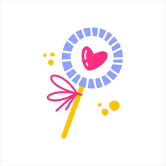 An icon of cute lollipop with heart stamp. Hand drawn vector illustration for valentine cards, gifts and souvenirs.