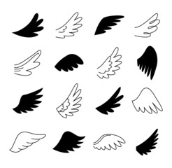 Sketch of angel wings. Winged doodle icon set, outline and silhouette. Angels and birds vector symbols isolated, hand drawn vector doodle