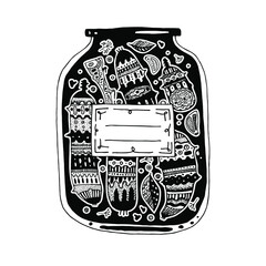 Decorative graphic illustration of a jar with canned cucumbers, horseradish root, garlic, spices.