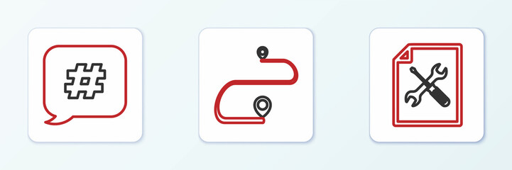 Obraz premium Set line File document service, Hashtag speech bubble and Route location icon. Vector