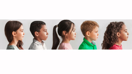 Collage Of Multicultural Preteen Kids Profile Portraits Over White Background
