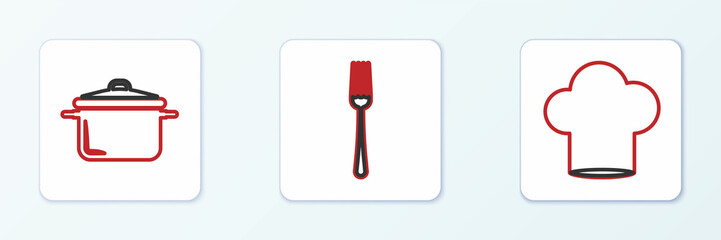 Set line Chef hat, Cooking pot and Fork icon. Vector