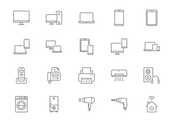 Electronics line icons. Vector outline illustration with icon - pc, digital tablet, phone, speaker, air conditioner, printer, headphones, laptop, monitor pictogram for smart device. Editable Stroke