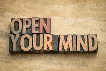 open your mind - word abstract in vintage letterpress wood type blocks on textured bark paper, mindset and personal development concept