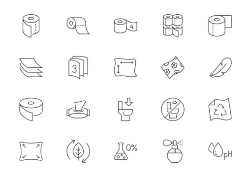 Toilet paper line icons. Vector outline illustration with icon - dispenser, tissue, biodegradable, recycled, napkin, flushable, package, feather pictogram for towel packaging. Editable Stroke