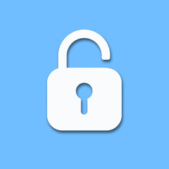 Opened lock. Unlock icon for website. Paper cut style padlock icon with shadow. Security concept. Vector illustration