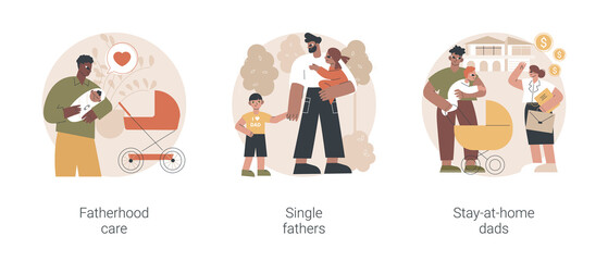 Fathers role abstract concept vector illustration set. Fatherhood care, single fathers, stay-at-home dads, happy kid, parental leave, spend time with child, man feeding baby abstract metaphor.