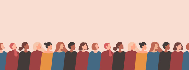 Vector banner with women of different nationalities and cultures. Women's struggle for independence, equality.