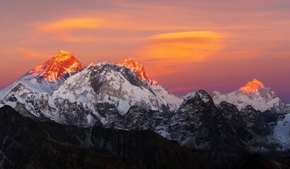 Evening sunset view of Mount Everest, Lhotse and Makalu