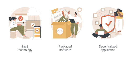 Application service abstract concept vector illustration set. SaaS technology, packaged software, decentralized application, cloud computing, software licensing, subscription abstract metaphor.