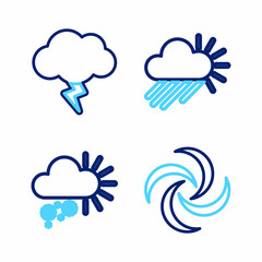 Set line Tornado, Cloudy with snow, rain and sun and Storm icon. Vector