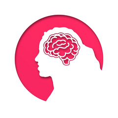 The head of a woman or girl is in a circle. Medical concept icon of diseases of the brain, psychological disorder. Paper cut style icon with shadow. Vector illustration