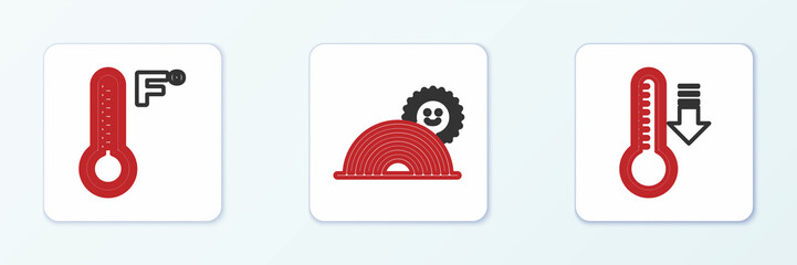 Set line Meteorology thermometer, and Rainbow with sun icon. Vector