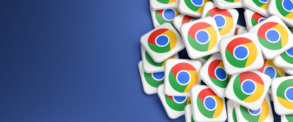 Logos of the Google browser Chrome app on a heap (Version 2022 of the logo). Web banner size with copy space - Selective focus