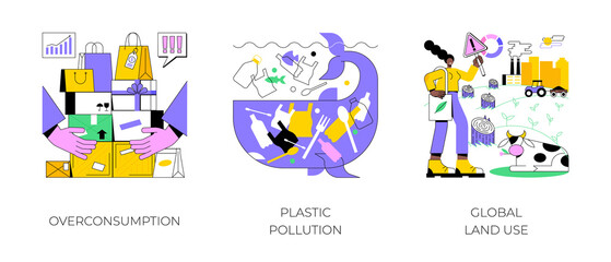 Global pollution problem abstract concept vector illustration set. Overconsumption and plastic pollution, global land use, globalization and food production, overpopulation problem abstract metaphor.